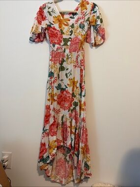 Floral Cream Maxi Dress with Pink and Yellow Blooms